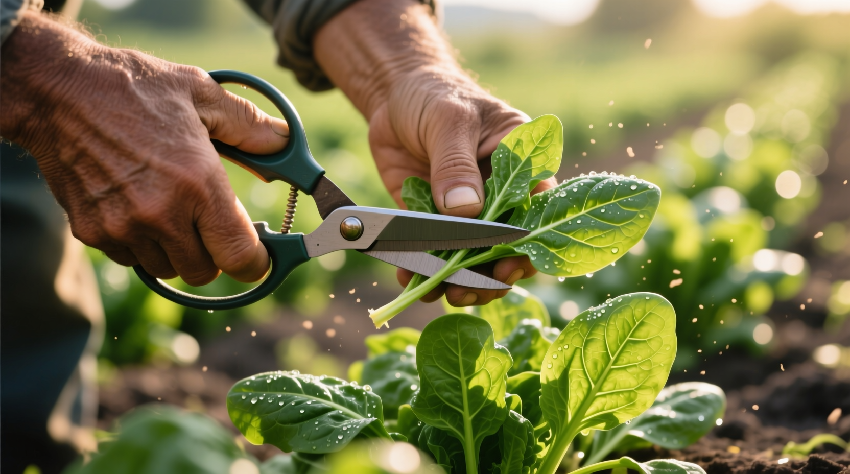 Hand harvesting spinach leaves with scissors