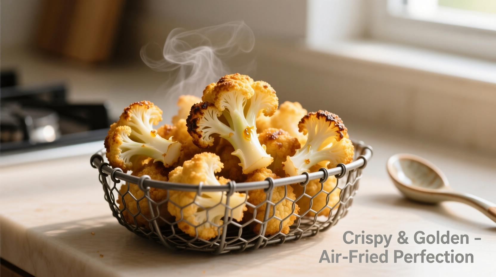Golden air fried cauliflower florets in basket