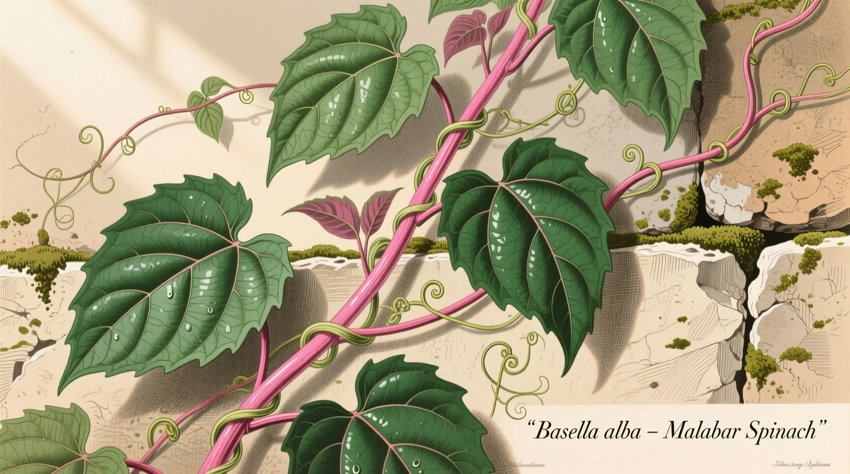 Malabar spinach vine with glossy green leaves and pink stems