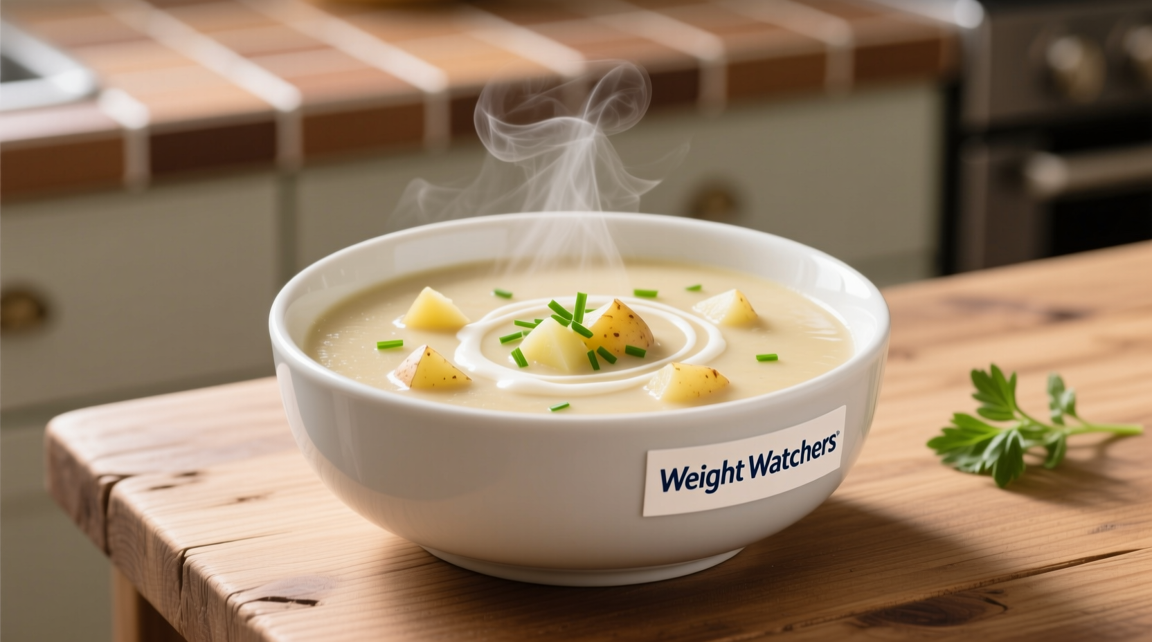 Creamy Weight Watchers potato soup in white bowl