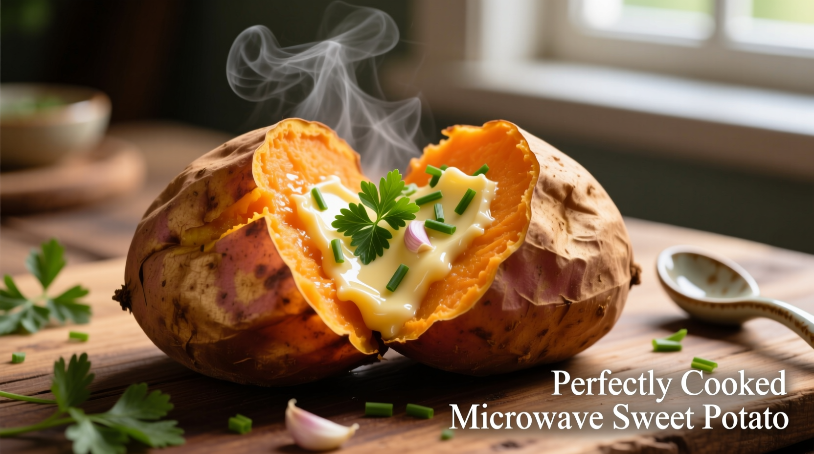 Perfectly cooked microwave sweet potato with herb butter