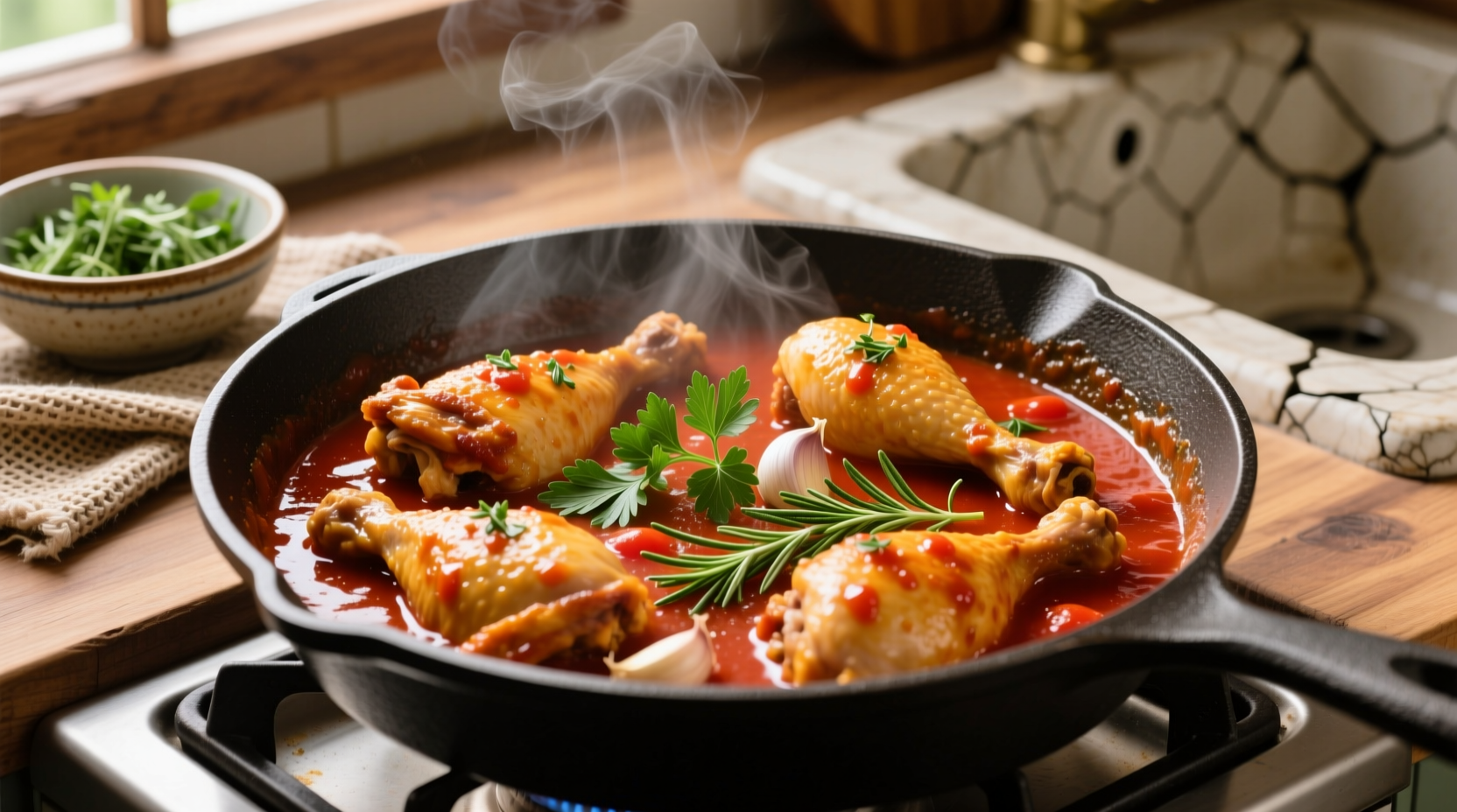 Golden chicken pieces simmering in rich tomato sauce with fresh herbs