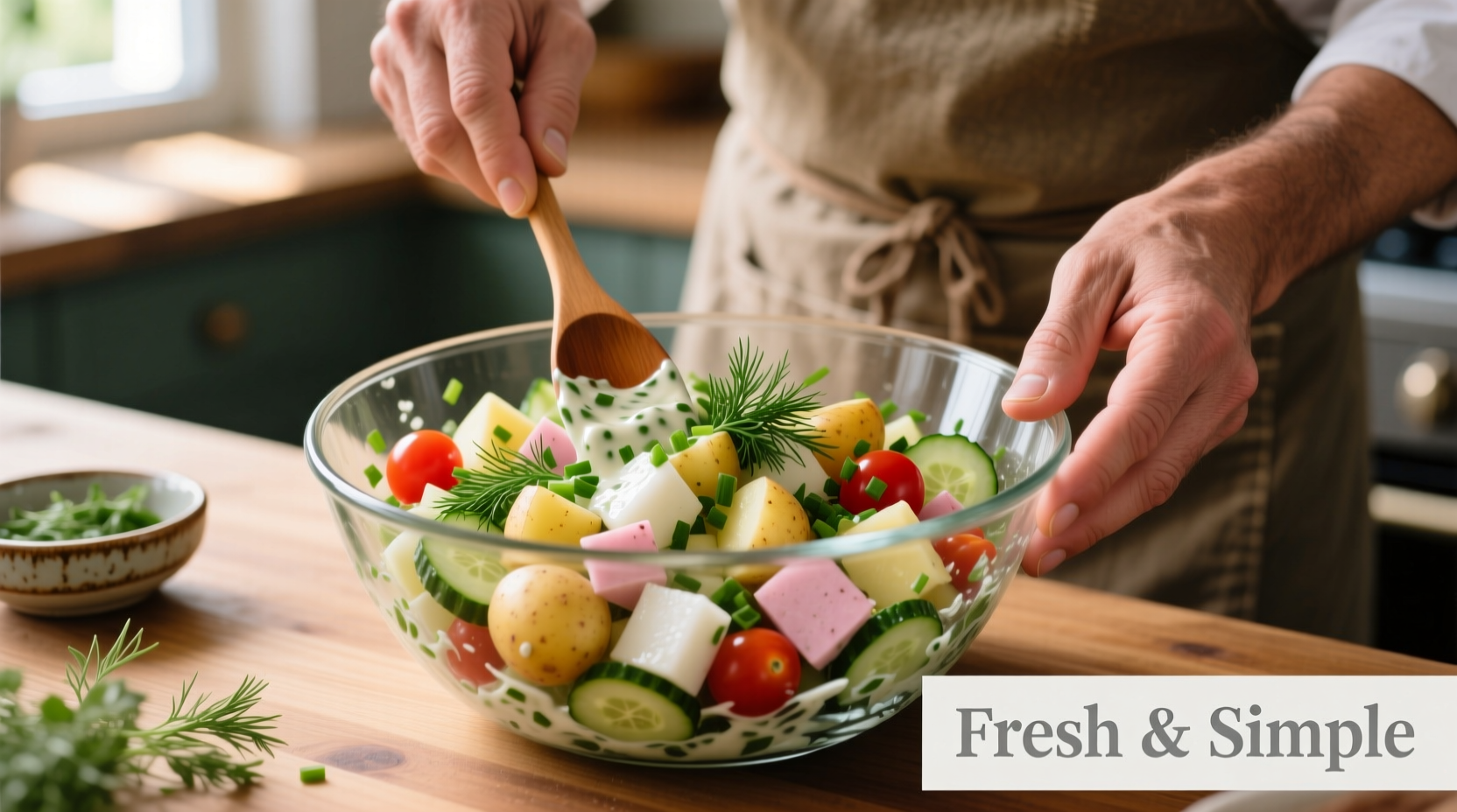 Chef preparing vibrant cold potato salad in glass bowl