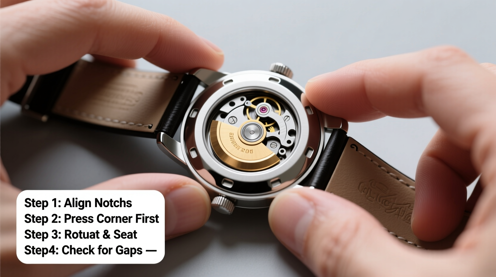 step by step guide how to securely put the back on a watch without specialized tools