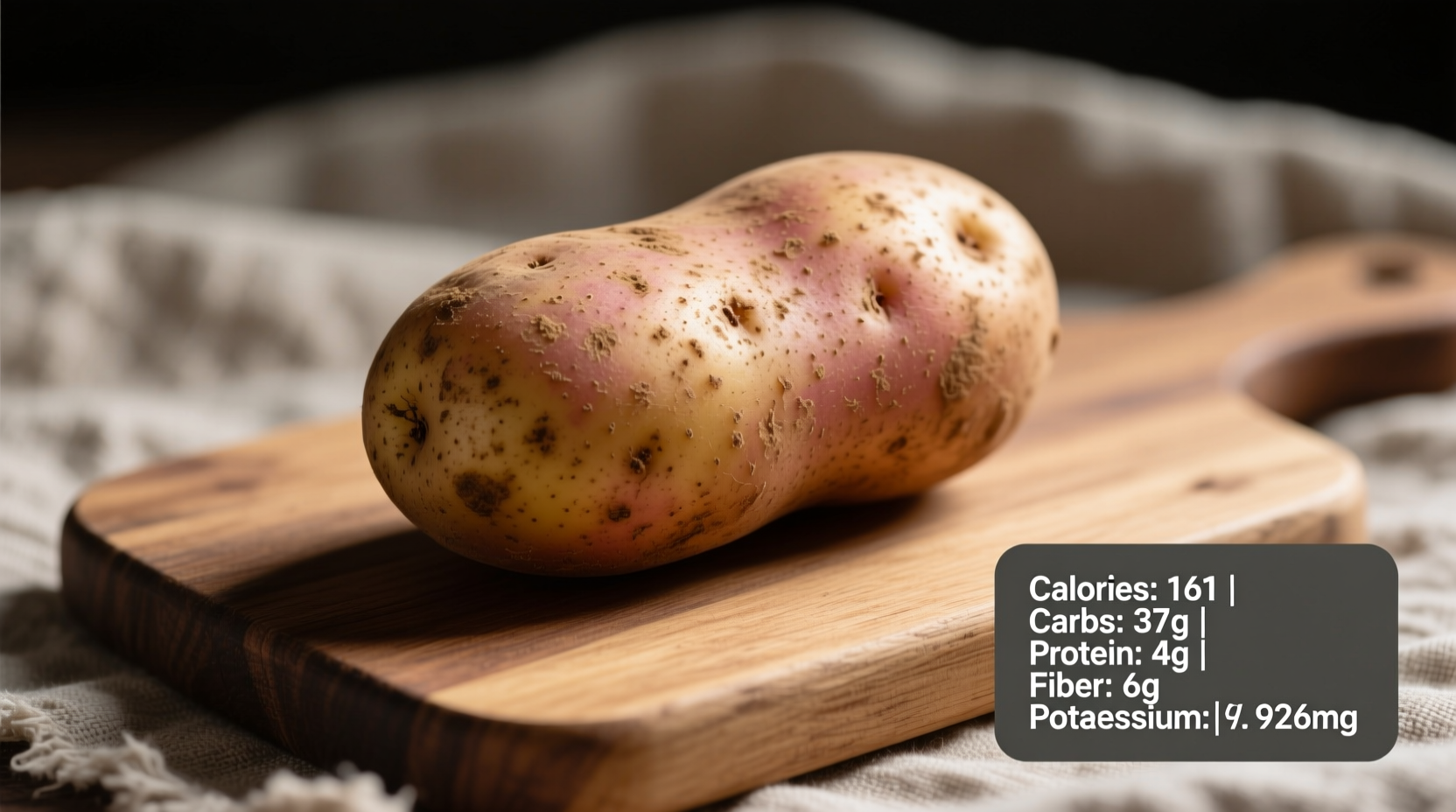 Medium russet potato with skin showing nutritional breakdown
