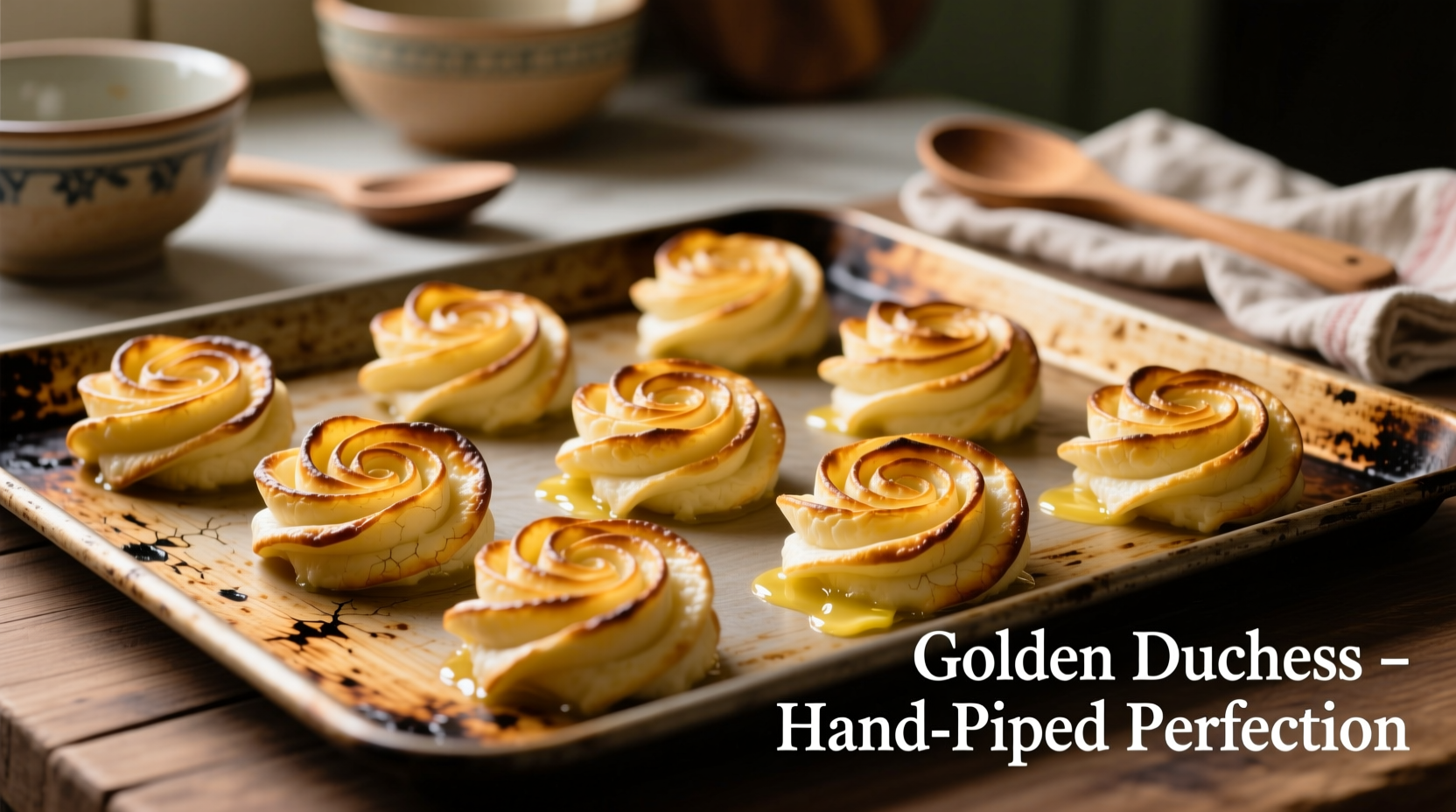 Golden duchess potatoes piped in rosettes on baking sheet
