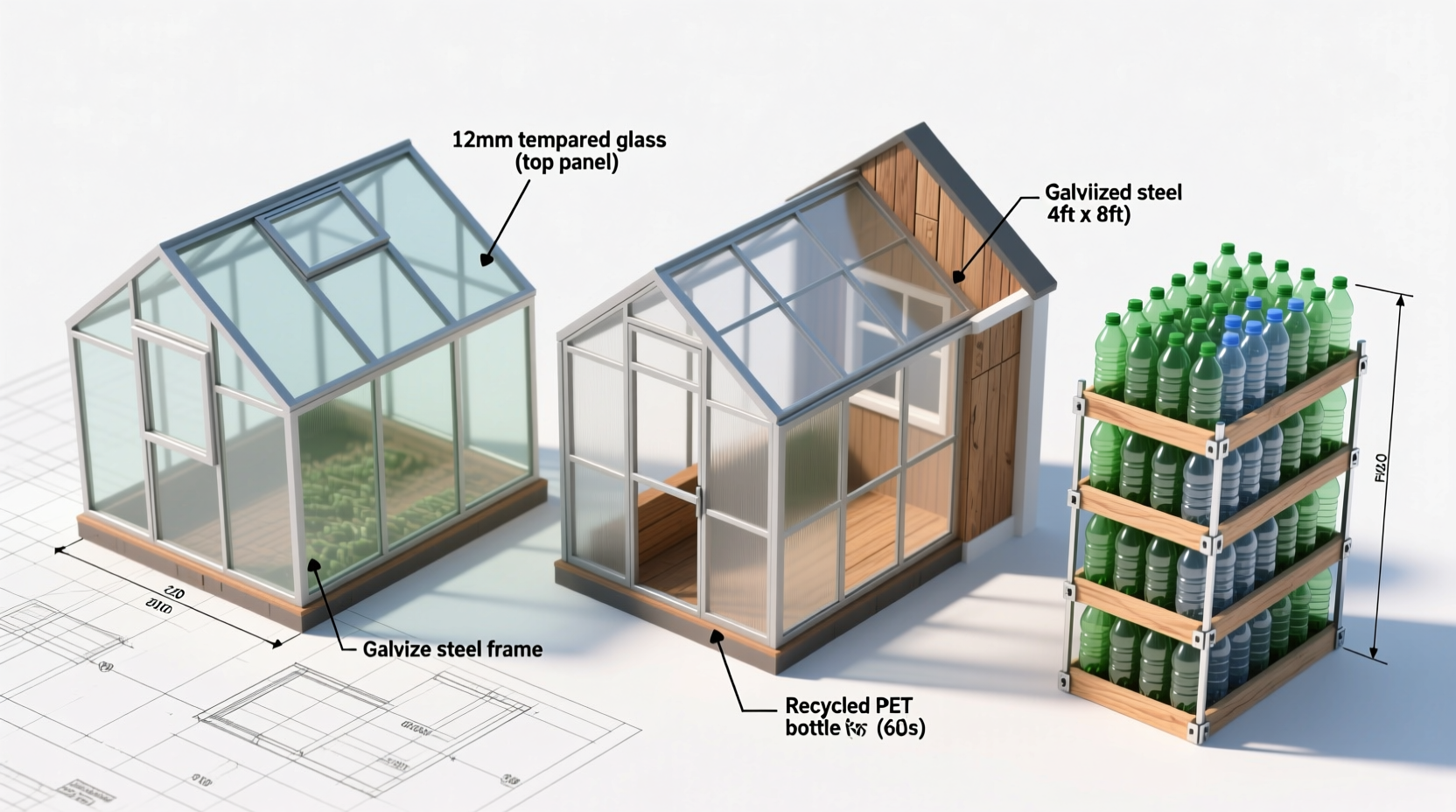 Three DIY greenhouse designs with labeled materials