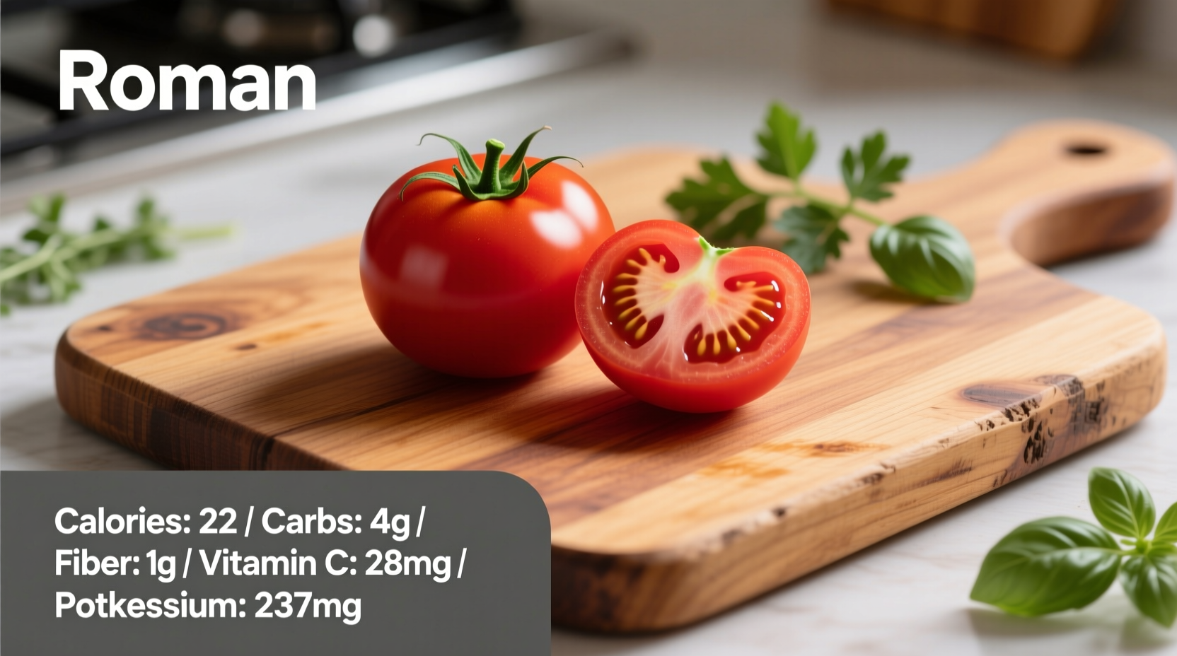 Roma tomato nutrition facts on wooden cutting board