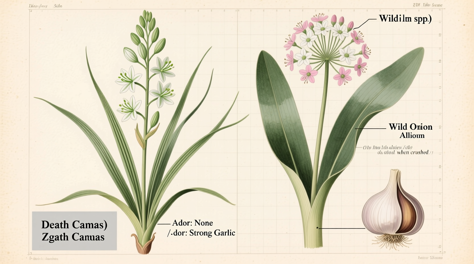 Death Camas versus wild onion comparison chart showing key identification features