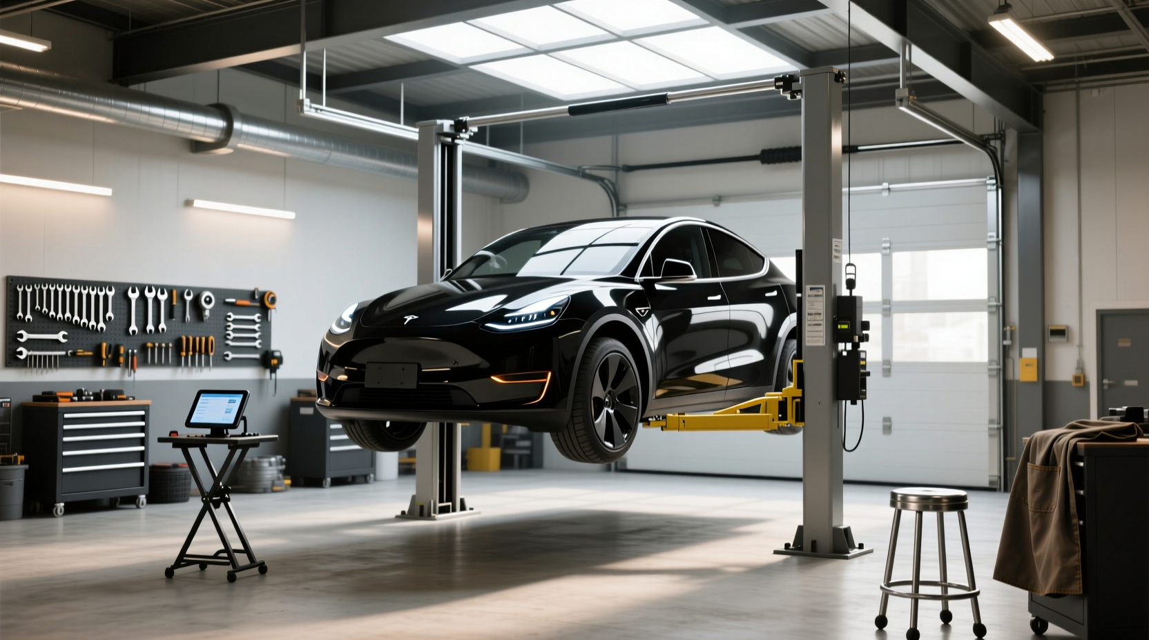 Electric car on a two-post lift showing extended arms positioned at side rails