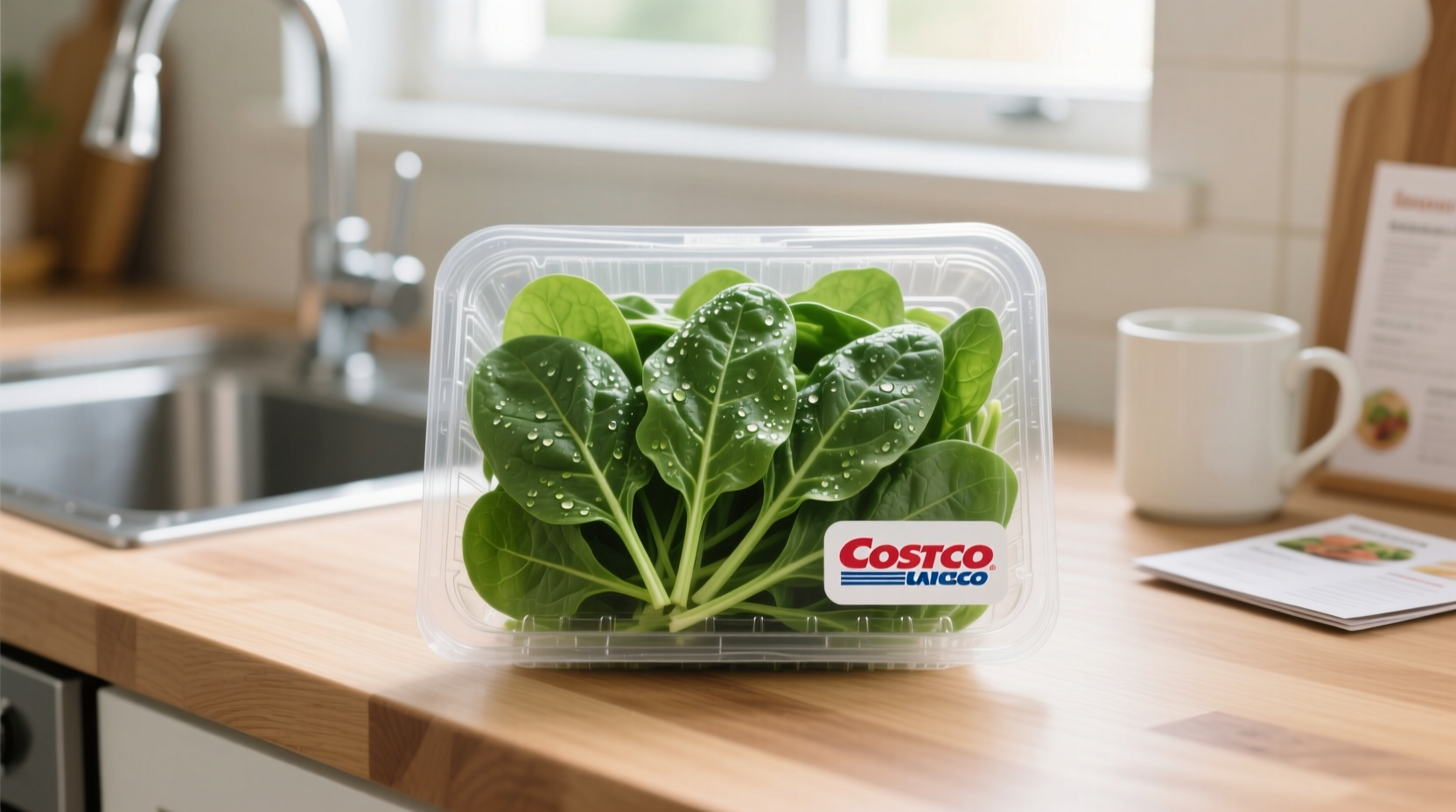 Fresh Costco spinach in clamshell packaging on kitchen counter