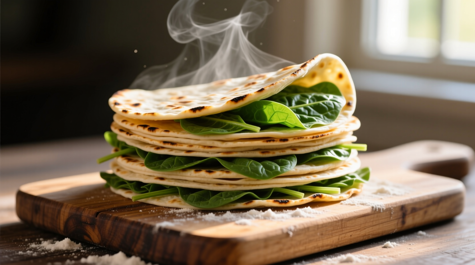 Fresh spinach tortillas stacked on a wooden cutting board