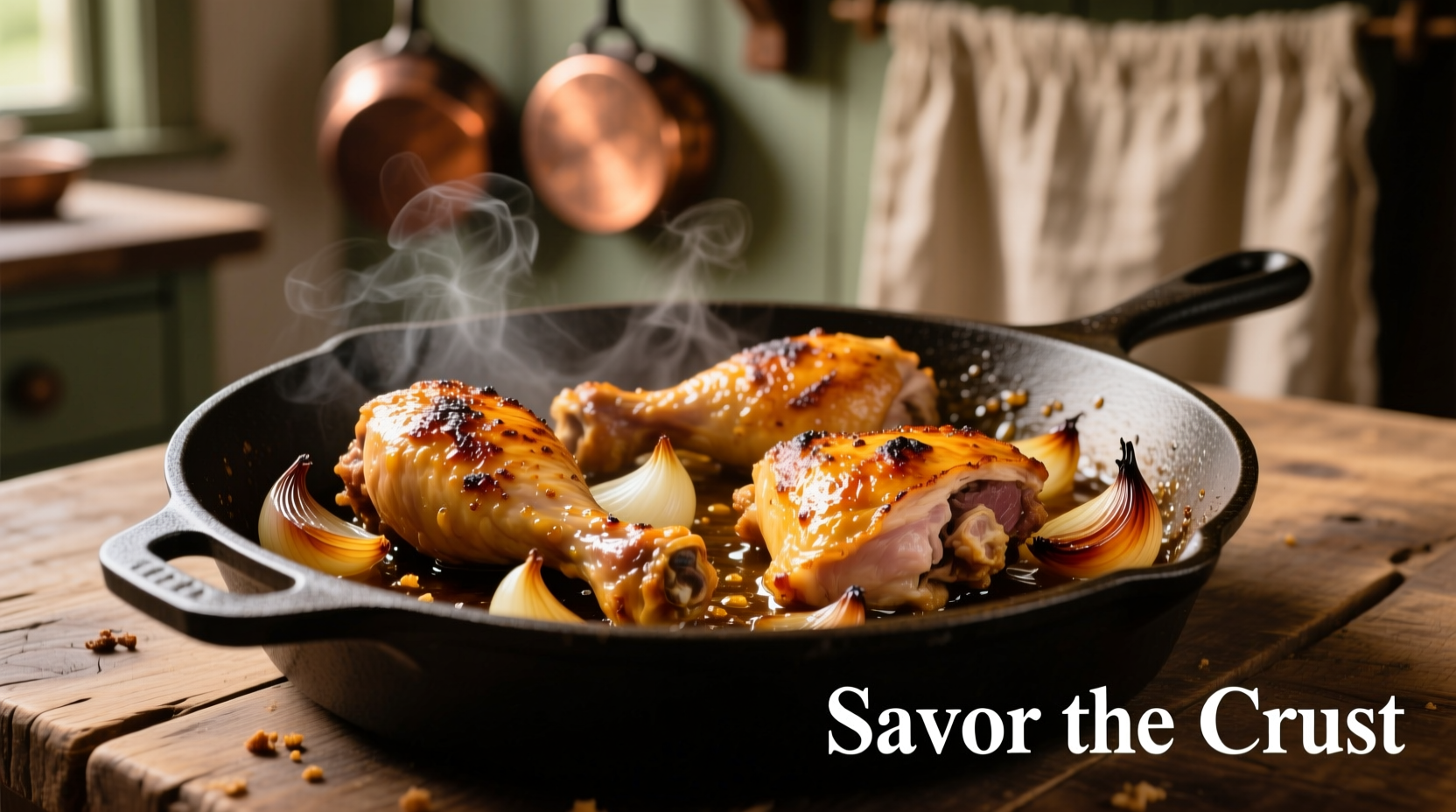 Golden brown chicken with caramelized onions in skillet