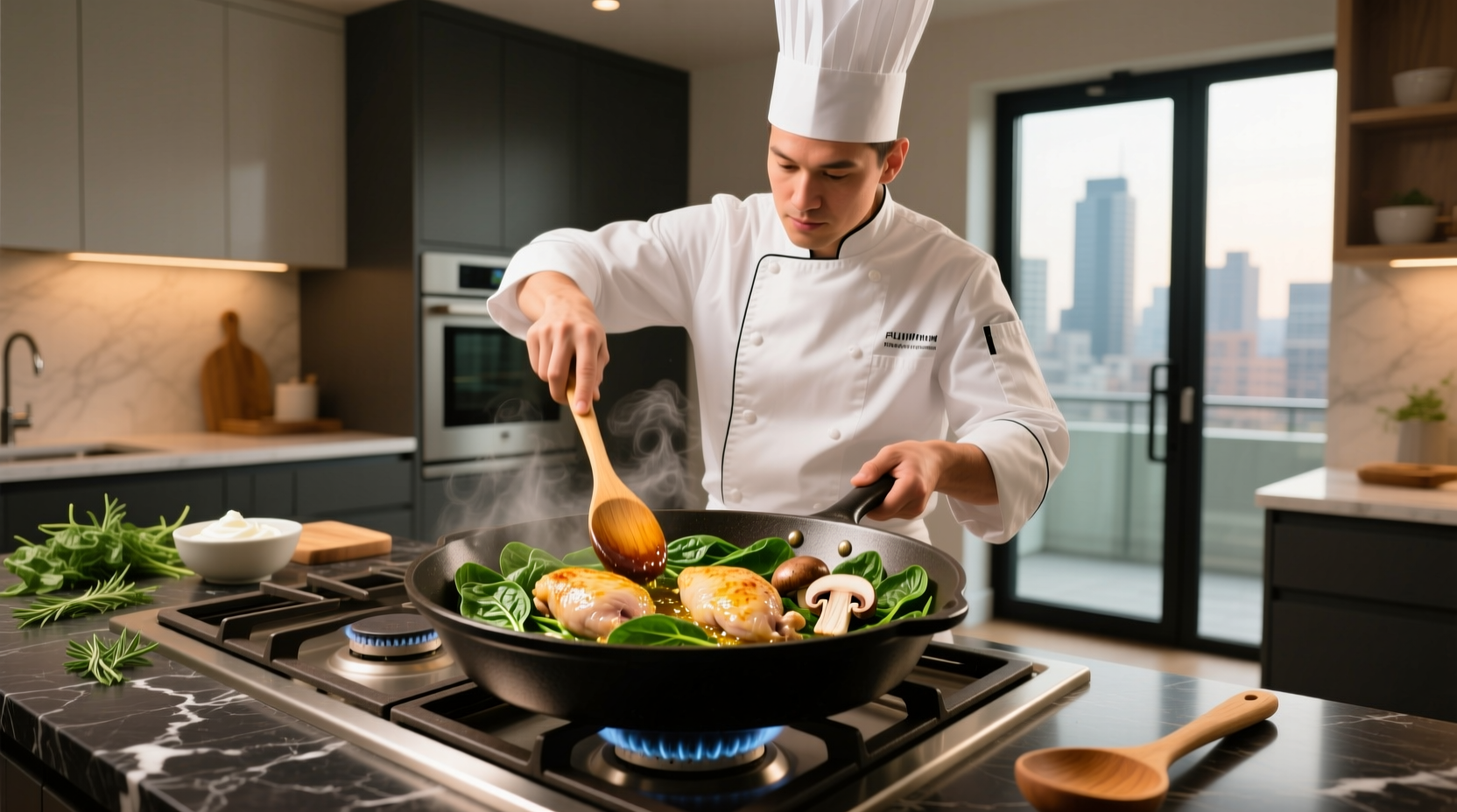 Chef preparing chicken spinach mushroom skillet