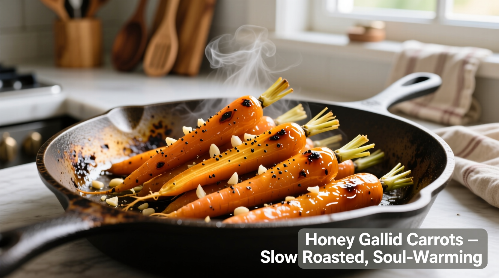 Golden honey garlic carrots in cast iron skillet