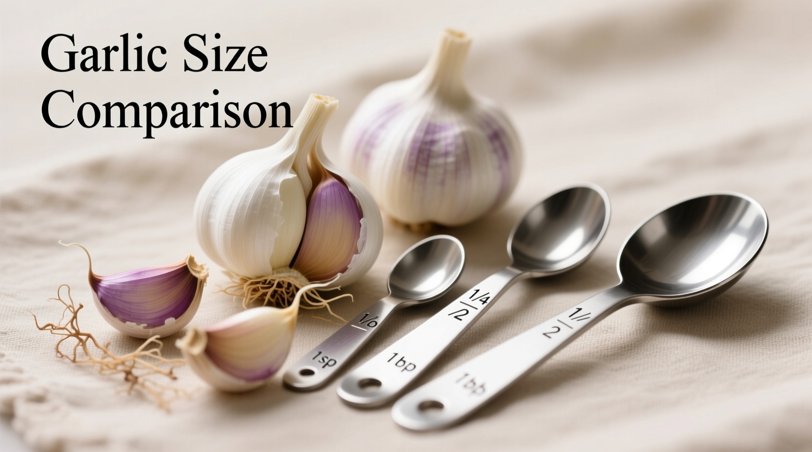 Garlic cloves next to measuring spoons showing size variations