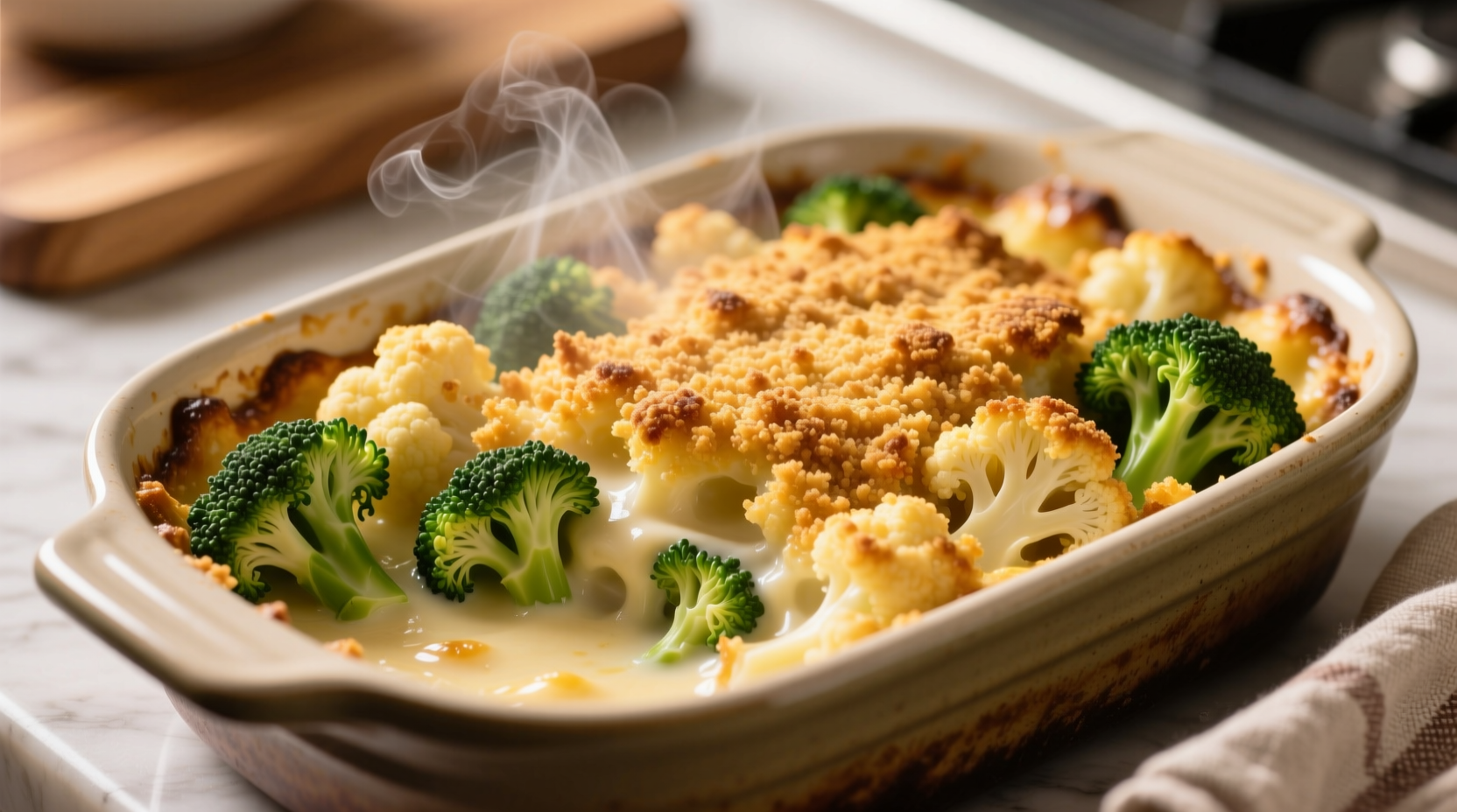 Golden cauliflower broccoli casserole with crispy breadcrumb topping