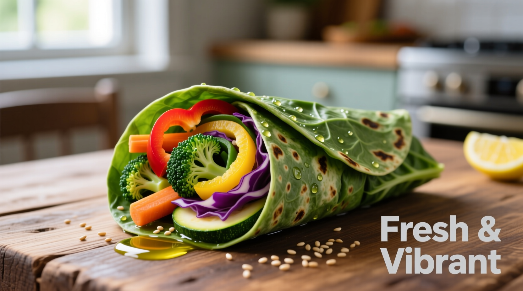 Freshly made spinach wraps with colorful vegetable fillings
