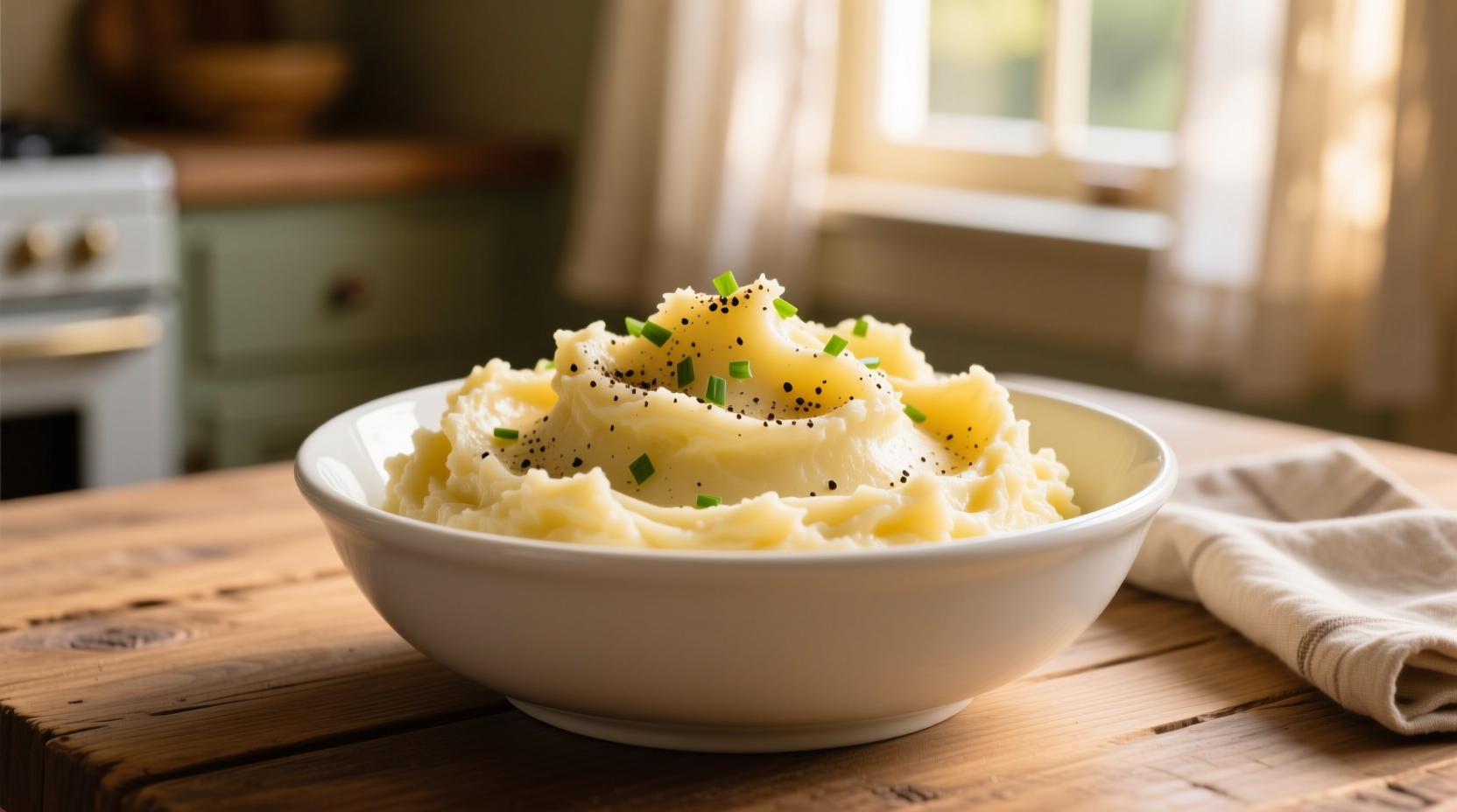 Creamy golden mashed potatoes in white bowl