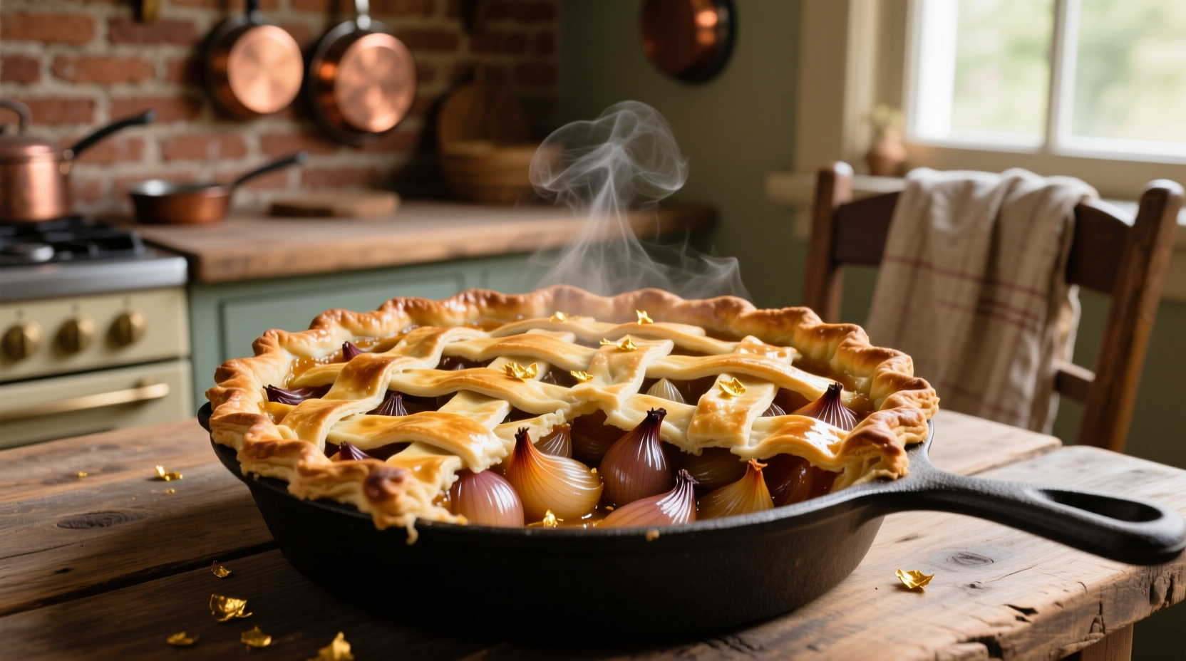 Golden brown onion pie with flaky crust