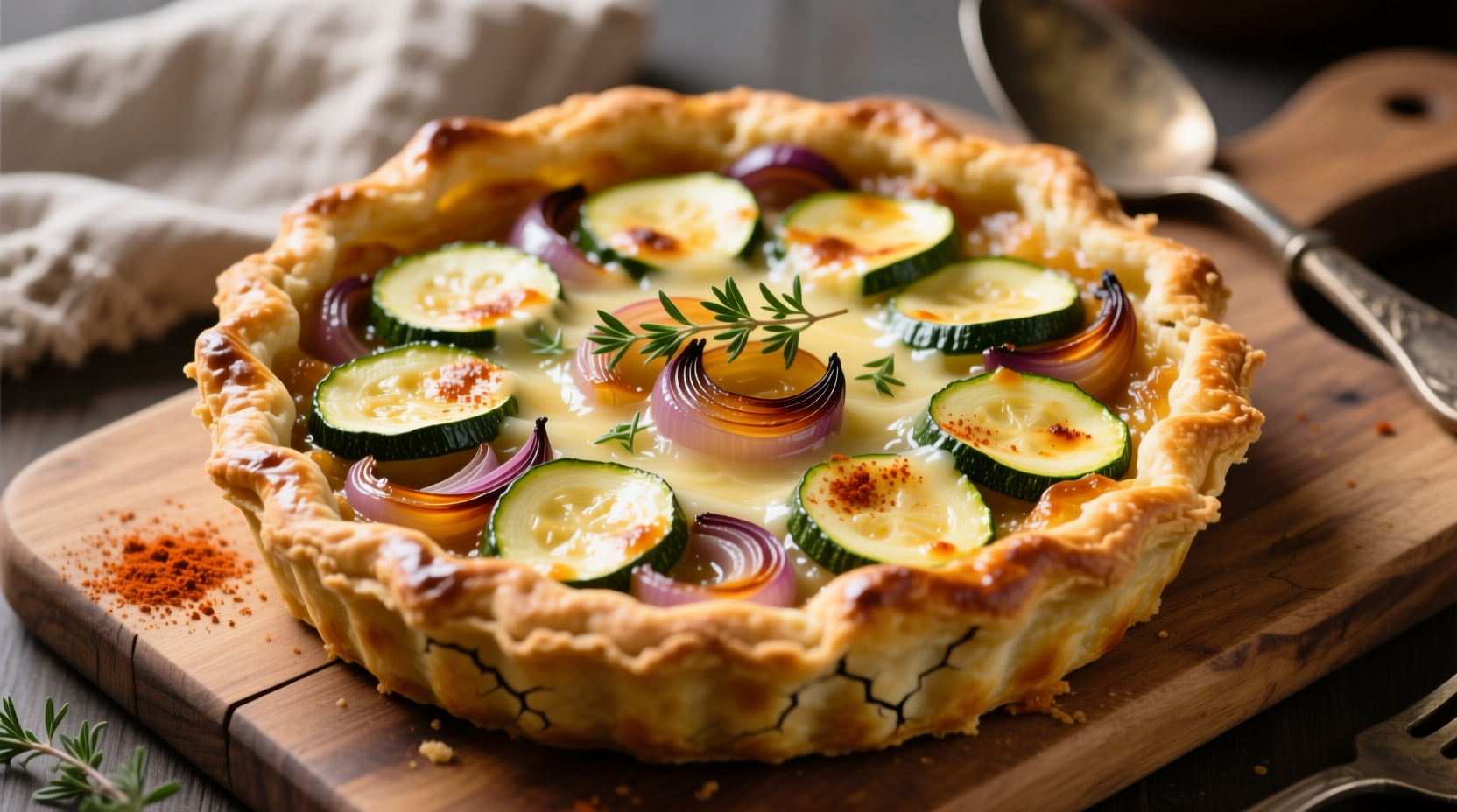 Golden zucchini onion pie with flaky crust