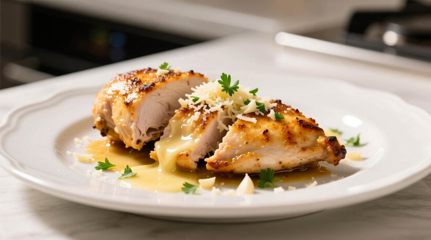 Golden garlic parmesan chicken on white plate