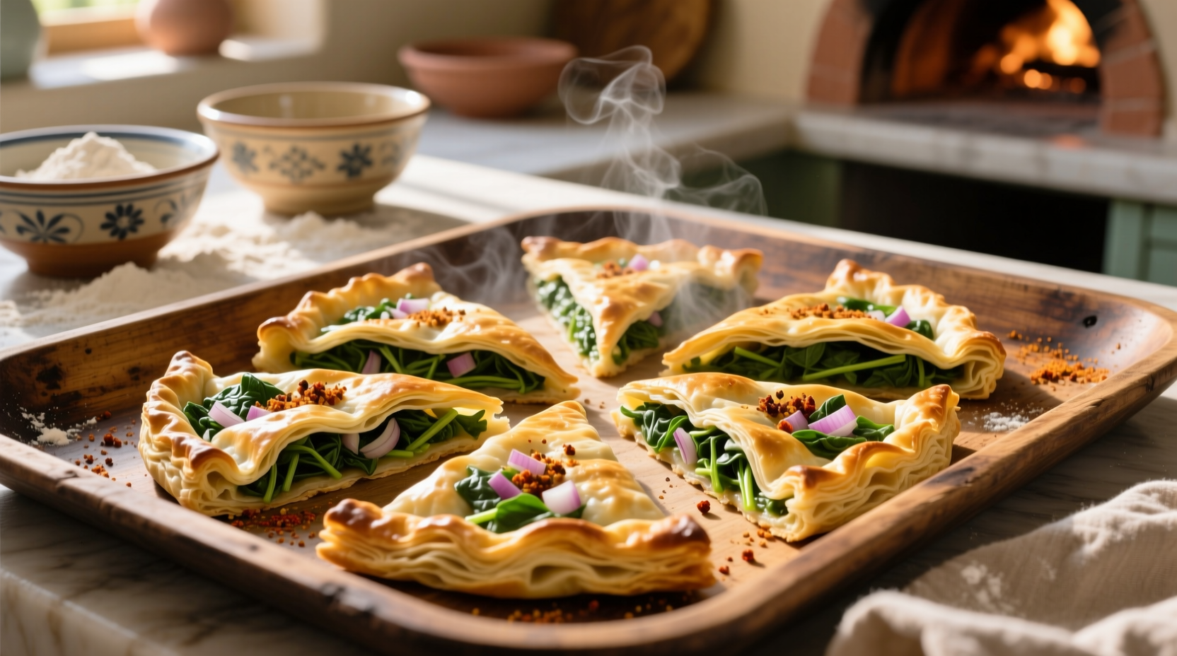 Golden Lebanese spinach pie triangles on baking sheet