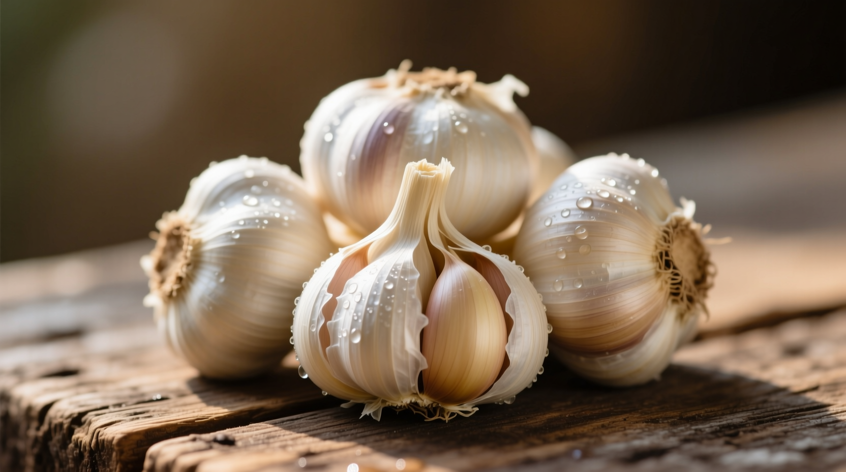 Fresh garlic bulbs with papery skins on wooden surface