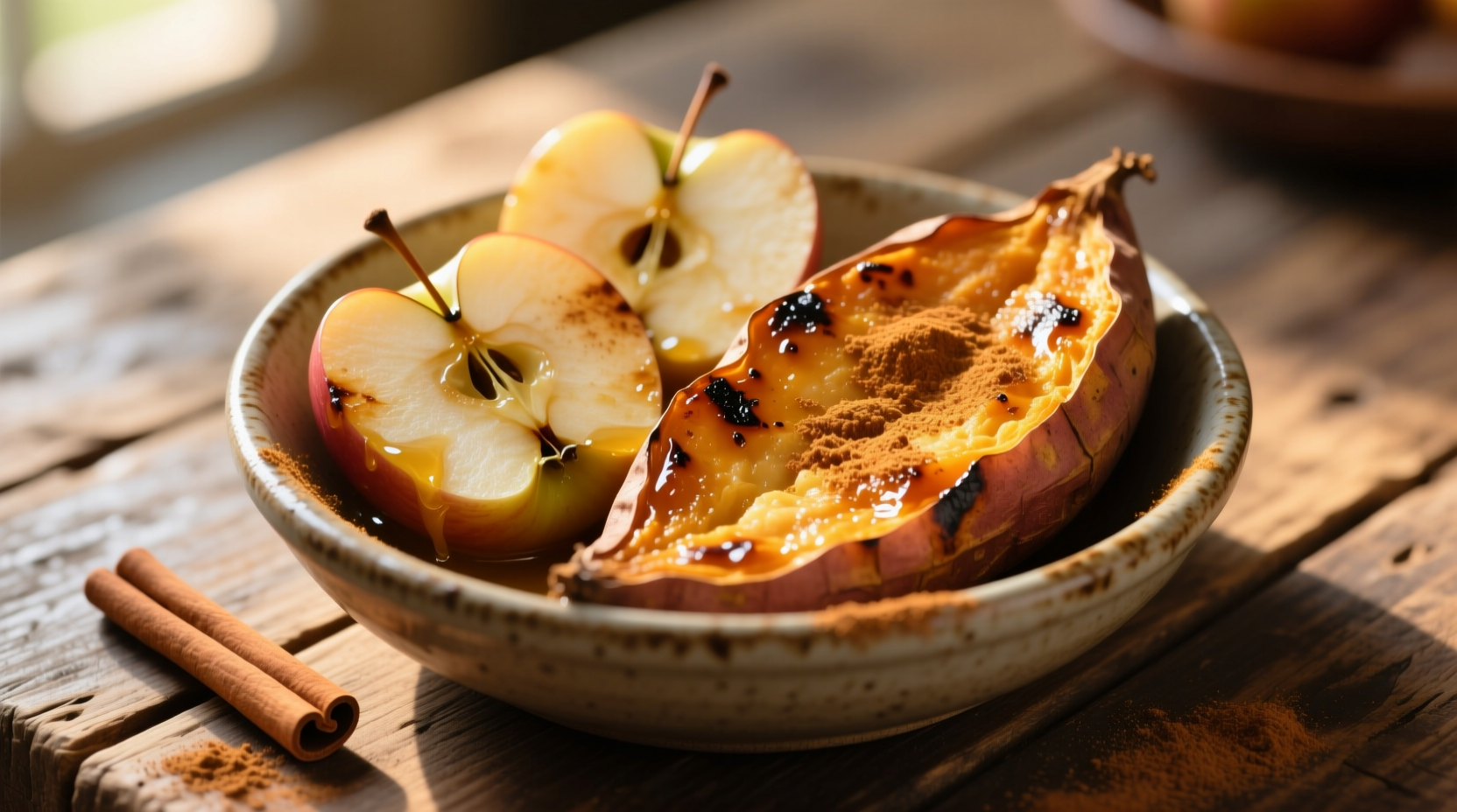 Roasted sweet potato and apple dish with cinnamon