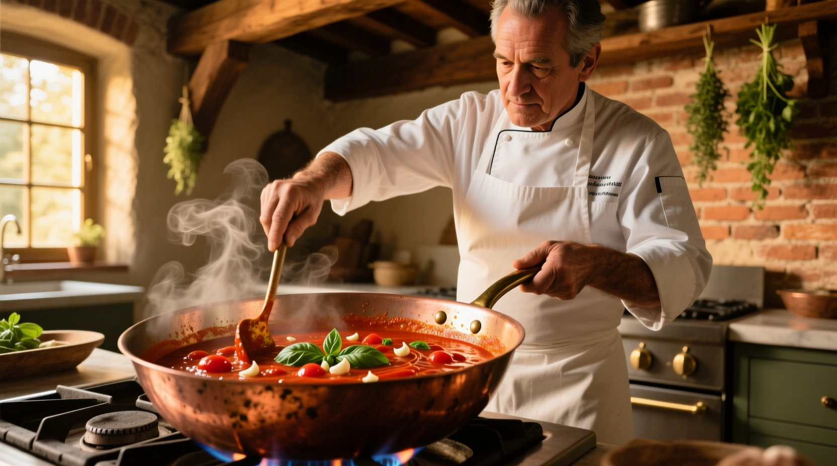 Chef stirring authentic tomato sauce in copper pot