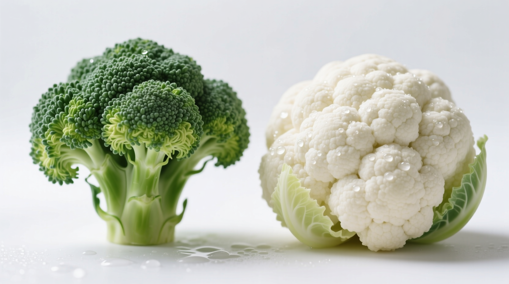 Side-by-side comparison of broccoli and cauliflower heads