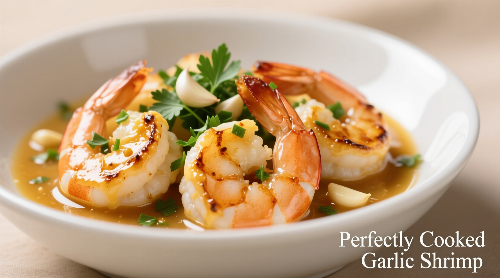 Perfectly cooked buttery garlic shrimp in white dish