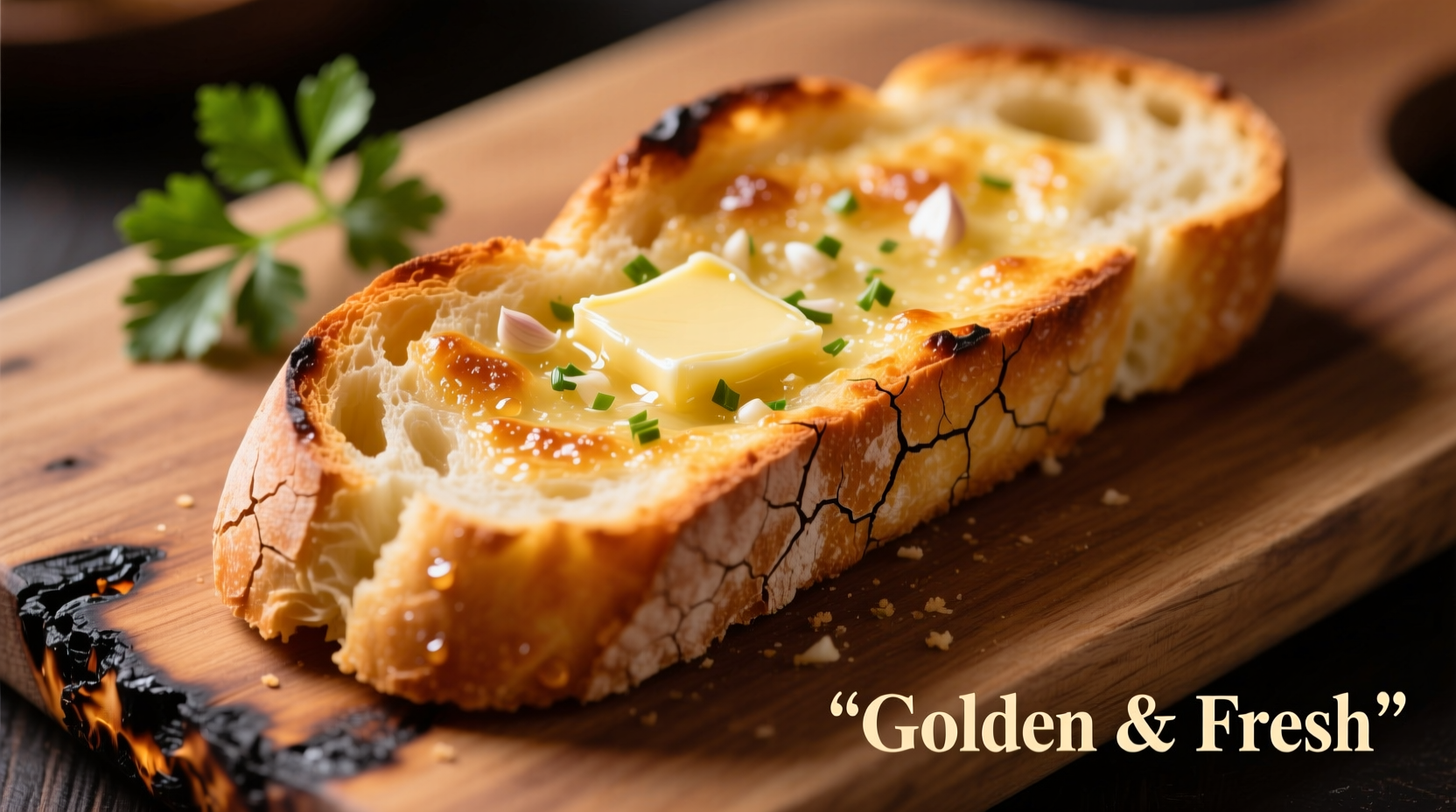 Perfectly baked frozen garlic bread with golden crust