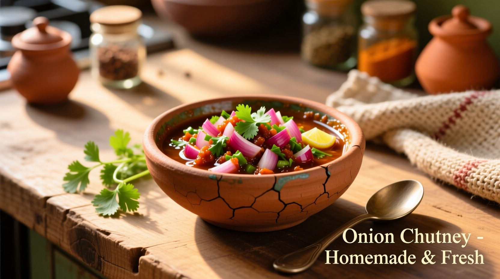 Freshly prepared Indian onion chutney in a clay bowl