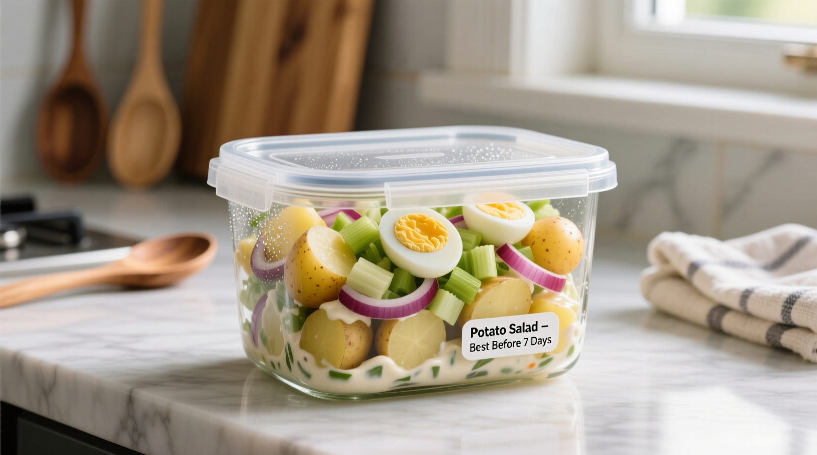 Properly stored potato salad in airtight container