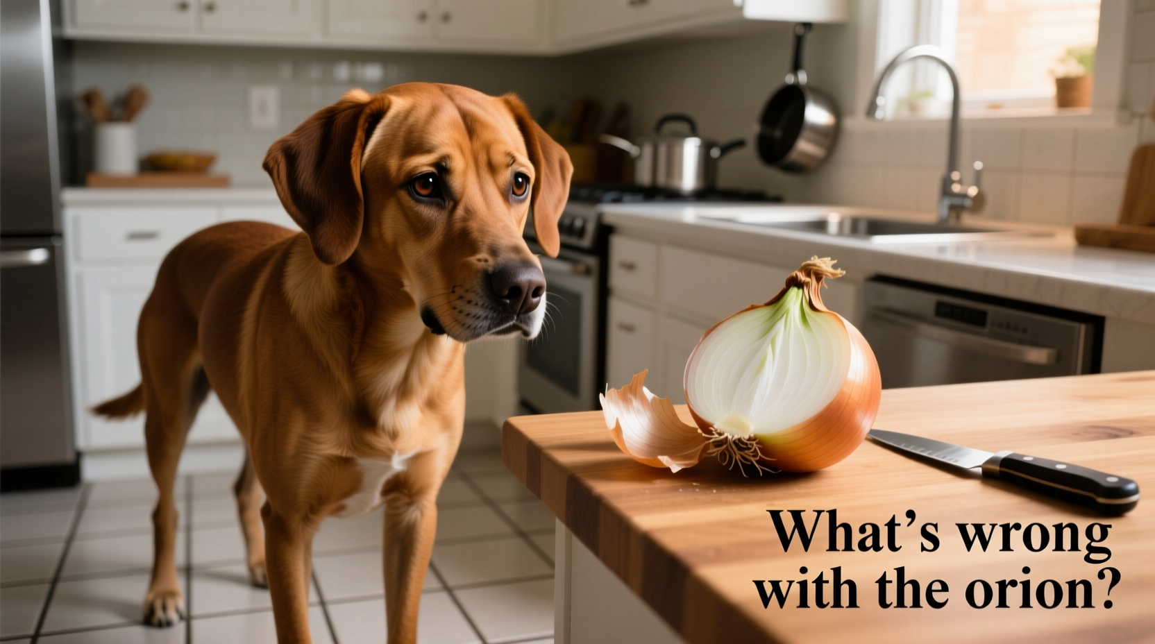 Hund neben Zwiebel auf Küchenarbeitsplatte