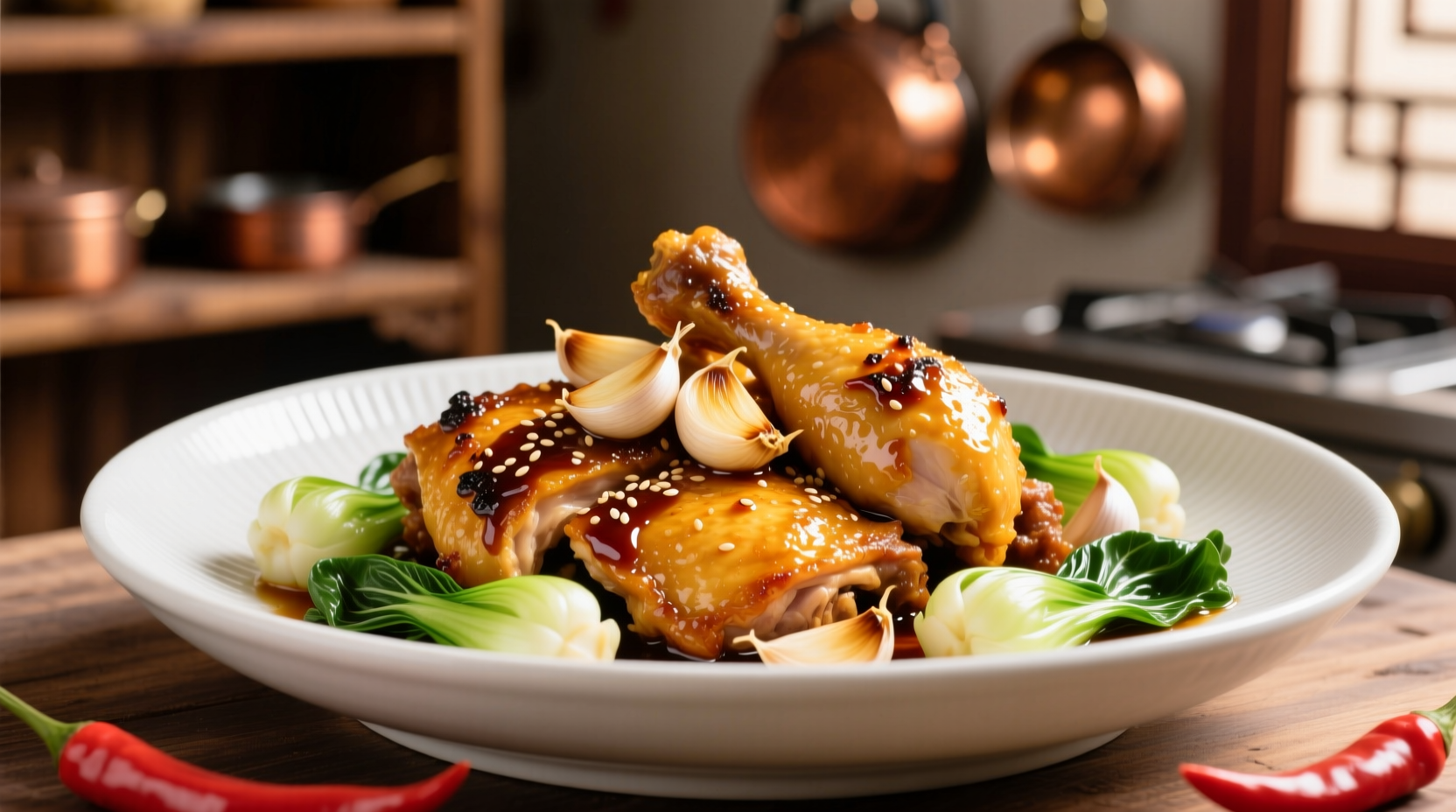 Golden oriental garlic chicken with fresh garlic cloves