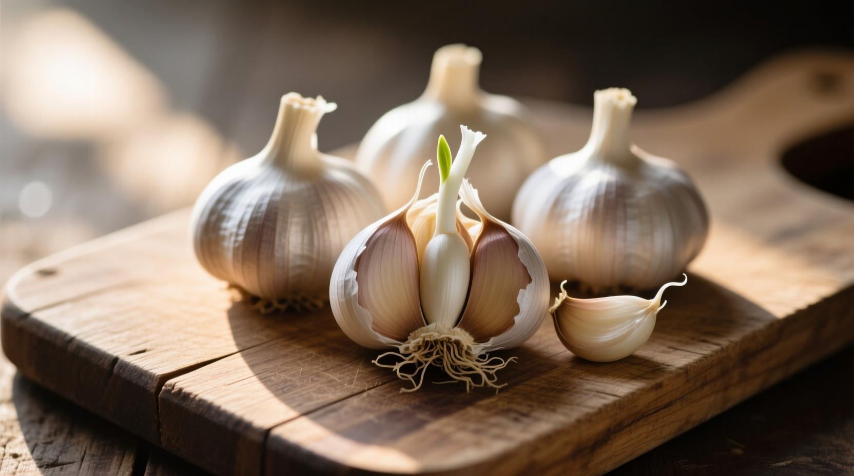 Fresh garlic bulbs on wooden cutting board