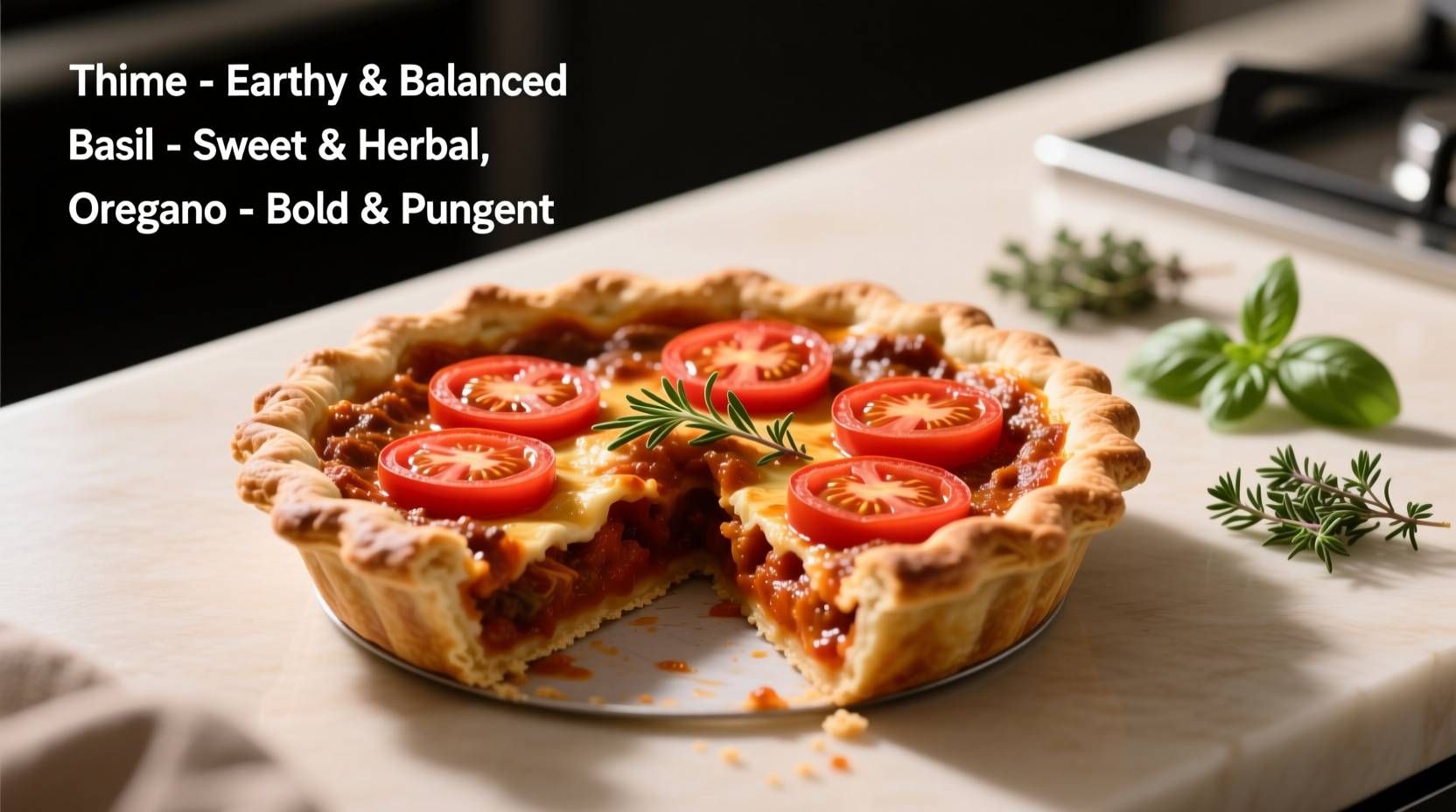 Side-by-side comparison of spice pairings: thyme vs basil vs oregano in tomato pie