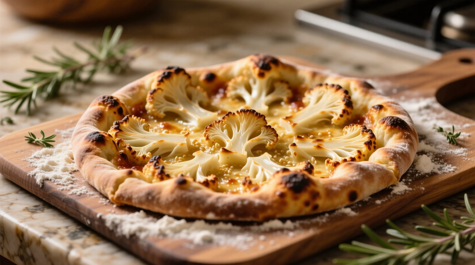 Golden brown cauliflower pizza crust on baking sheet