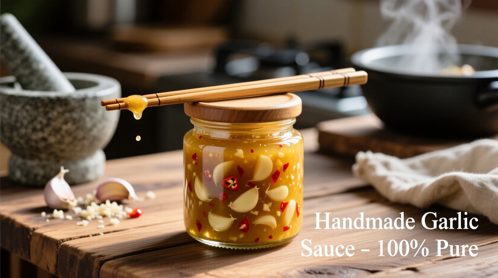 Homemade Chinese garlic sauce in glass jar with chopsticks