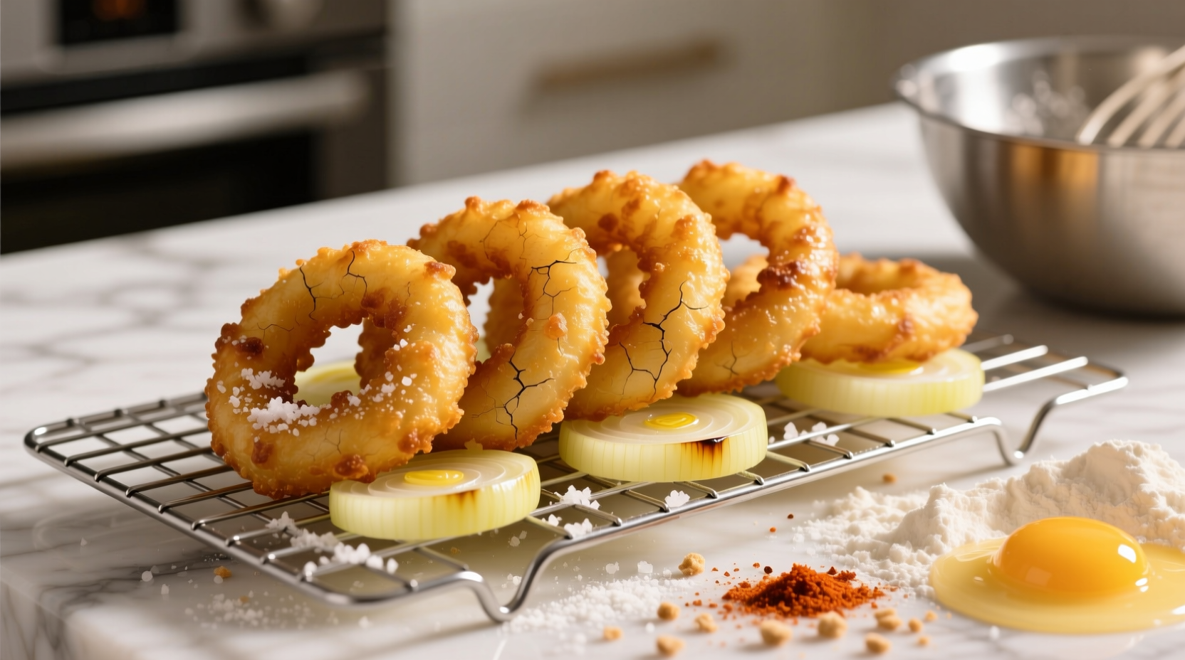 Golden crispy onion rings on wire rack with batter ingredients