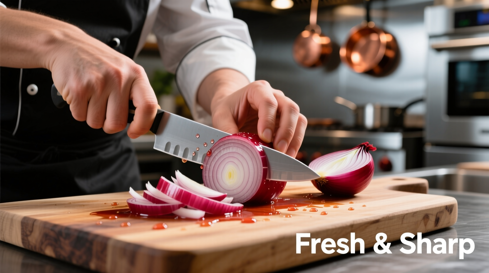 Chef dicing fresh red onion on cutting board
