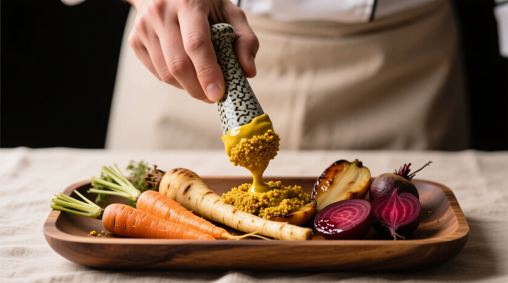 Chef applying mustard to roasted root vegetables with textured grind visible