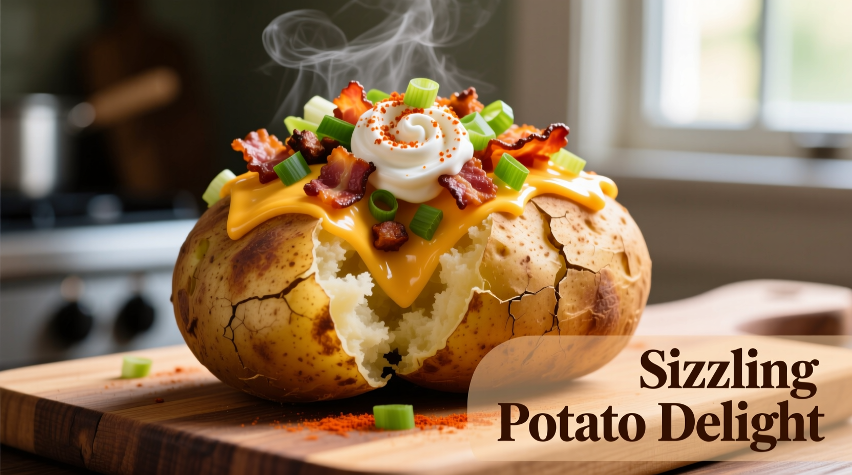 Freshly baked potato with multiple toppings