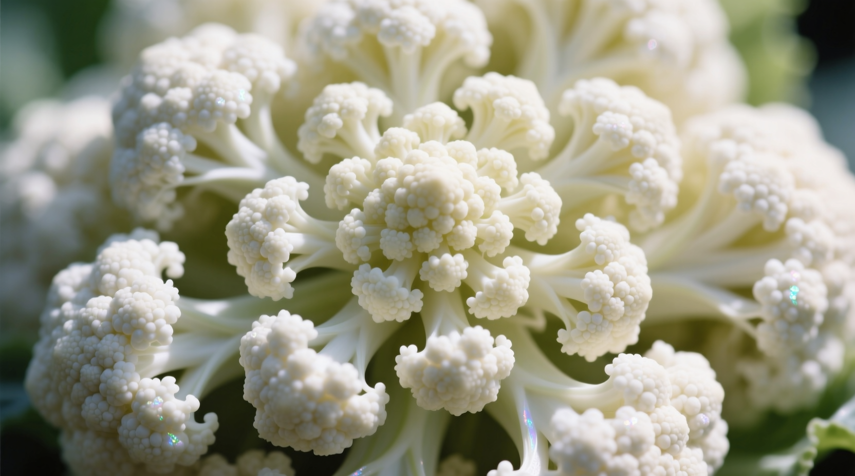 Close-up of cauliflower's intricate bud structure showing undeveloped flower clusters