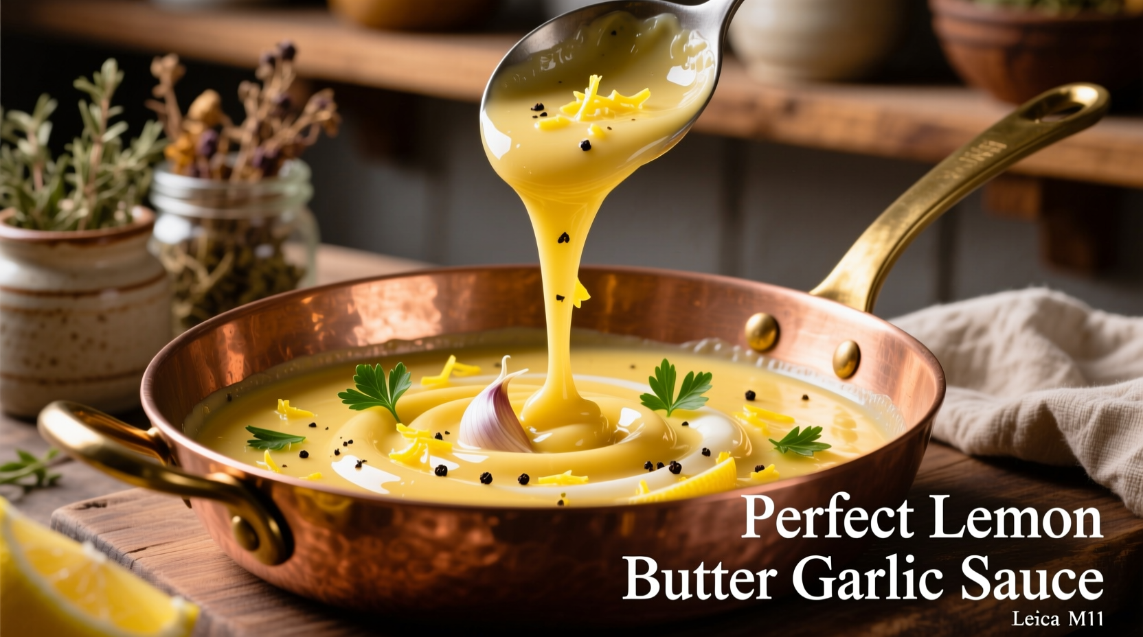 Perfect lemon butter garlic sauce in copper pan