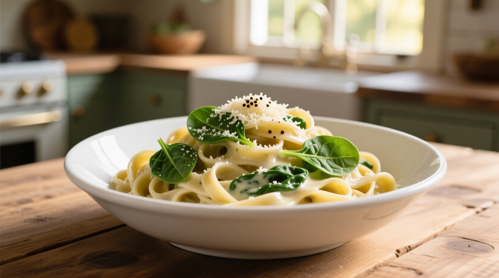 Creamy spinach alfredo pasta in white bowl