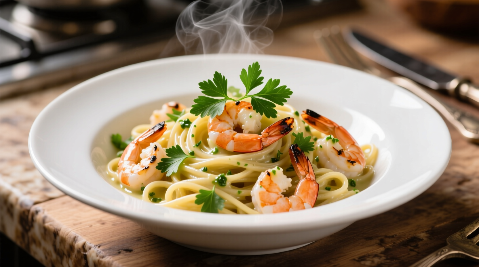 Garlic shrimp pasta in white bowl with fresh parsley