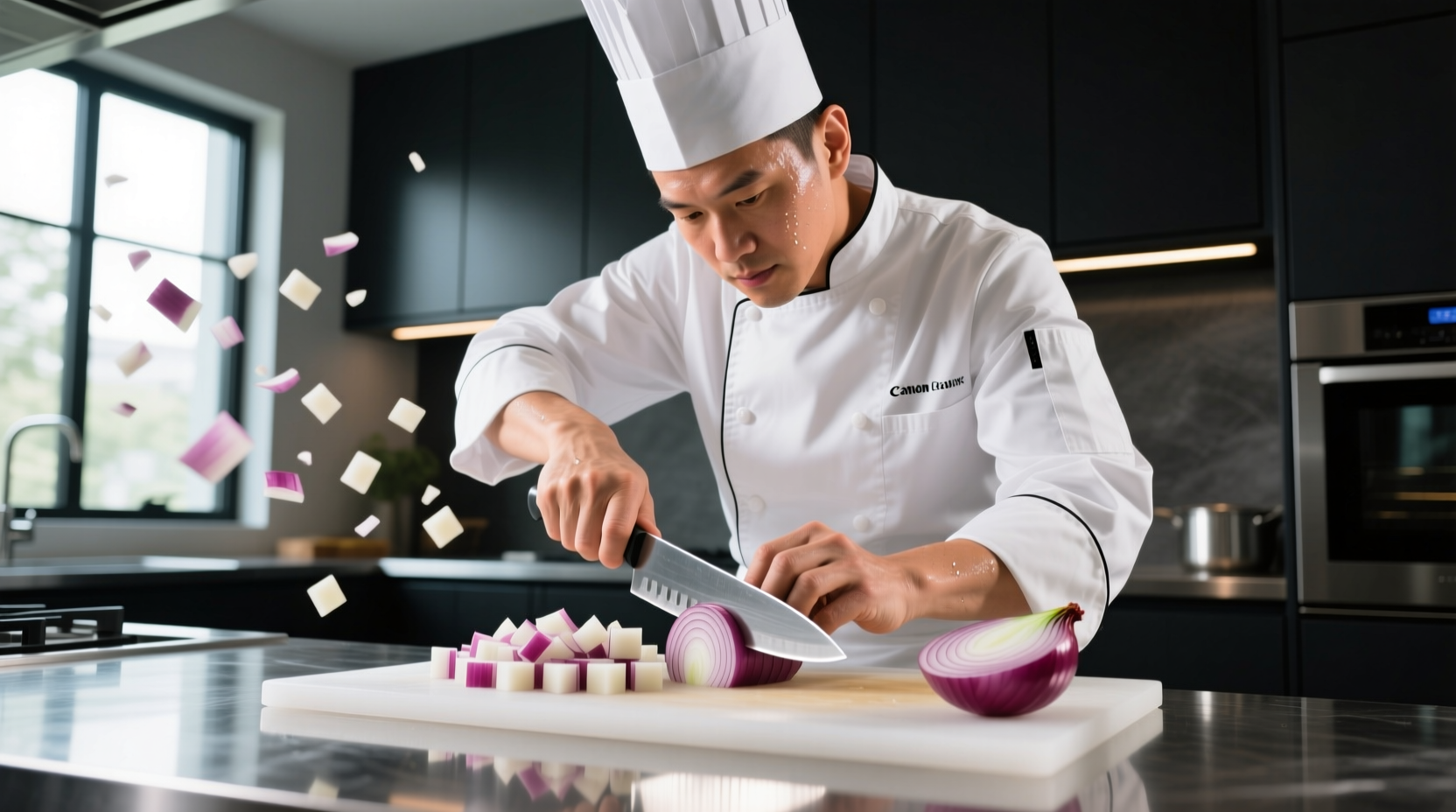 Professional chef dicing onion with proper technique